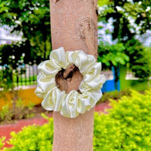 Handmade Cream Colour Satin Fabric Scrunchie, Hair Ties, Rubber Band For Womens And Girls