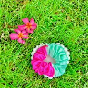 Handmade Pink & Green Mix Colour Scrunchie, Hair Ties, Rubber Band For Womens And Girls
