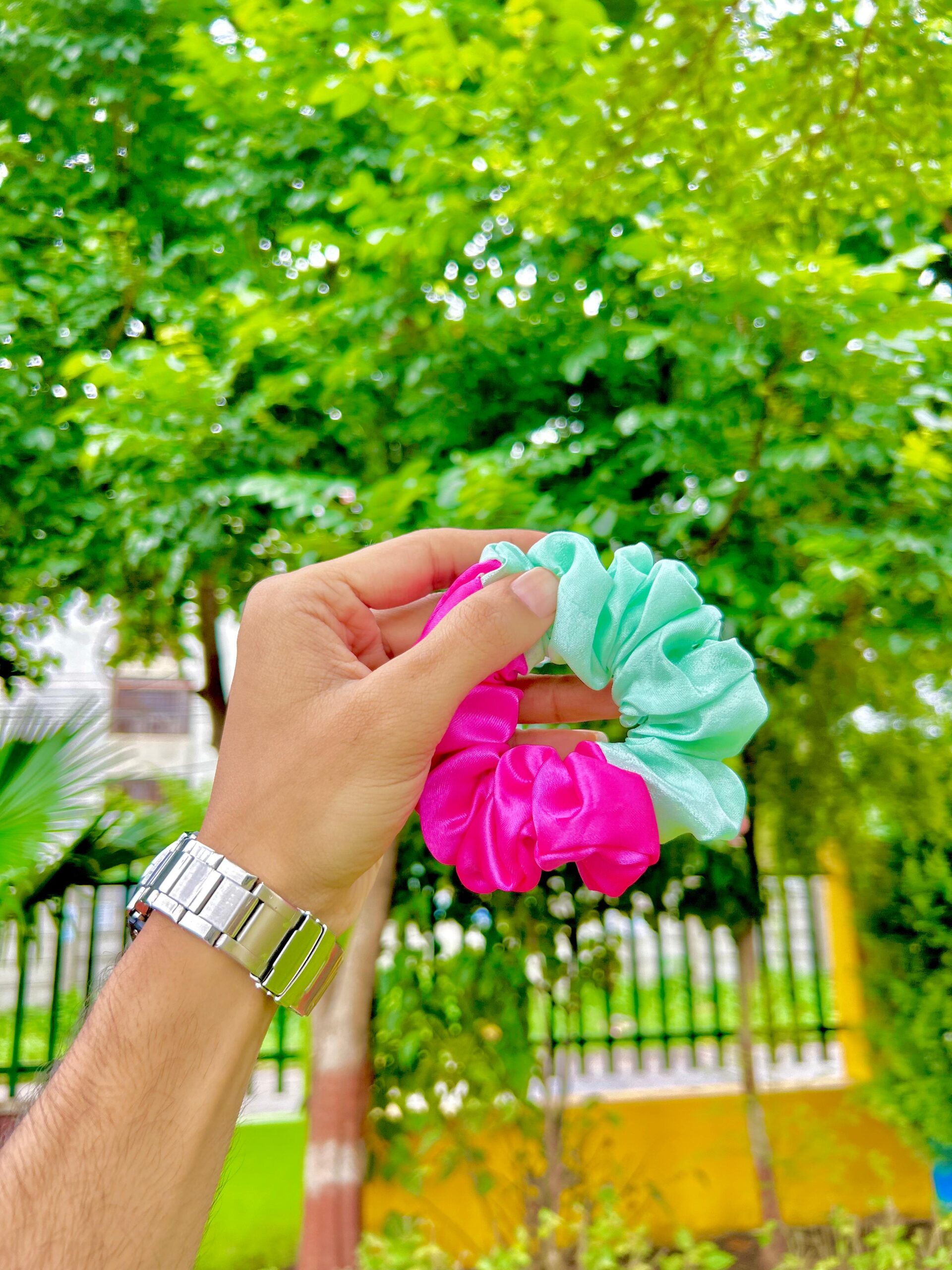 Handmade Pink & Green Mix Colour Scrunchie, Hair Ties, Rubber Band For Womens And Girls - Image 4