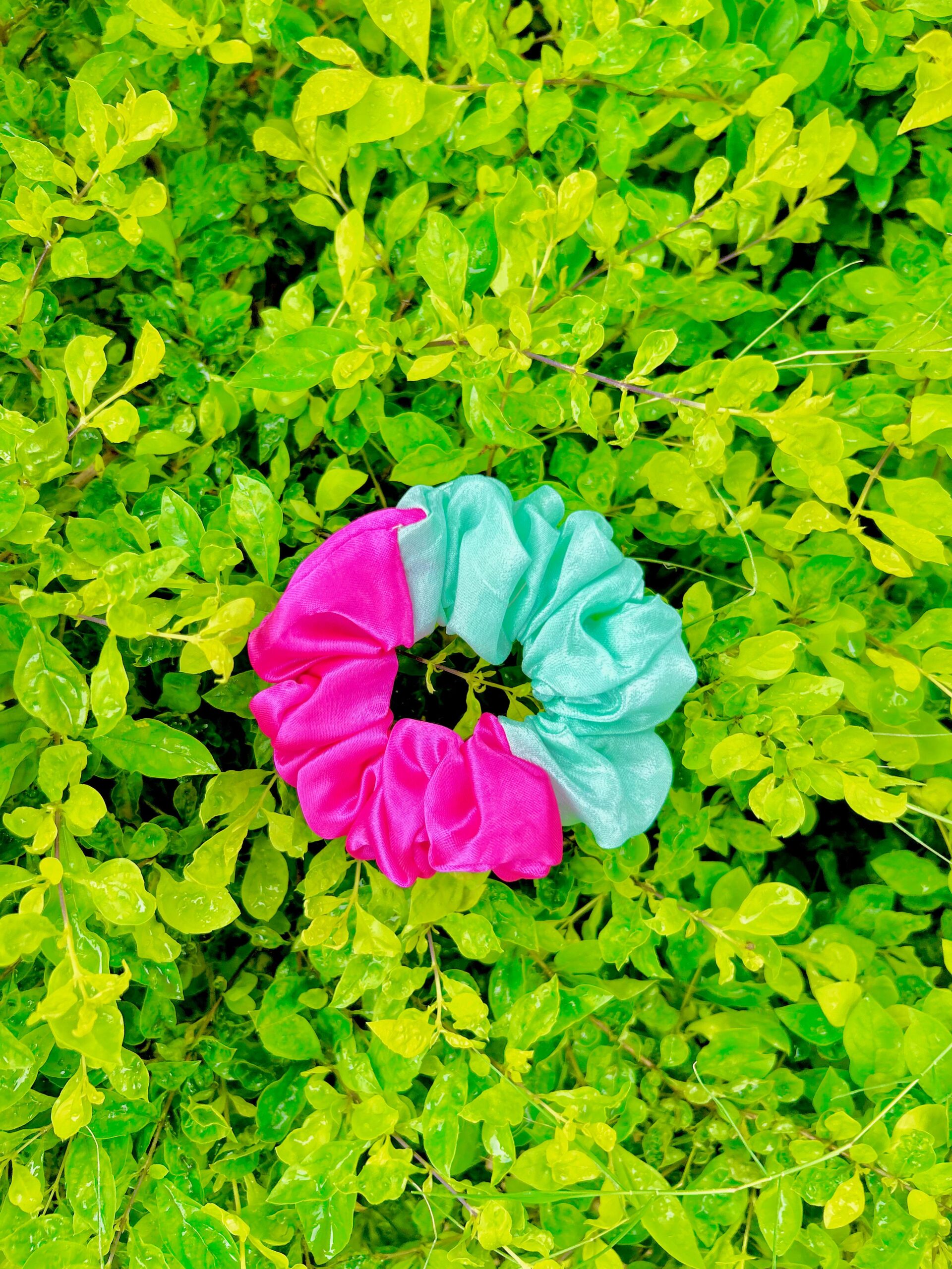 Handmade Pink & Green Mix Colour Scrunchie, Hair Ties, Rubber Band For Womens And Girls - Image 2