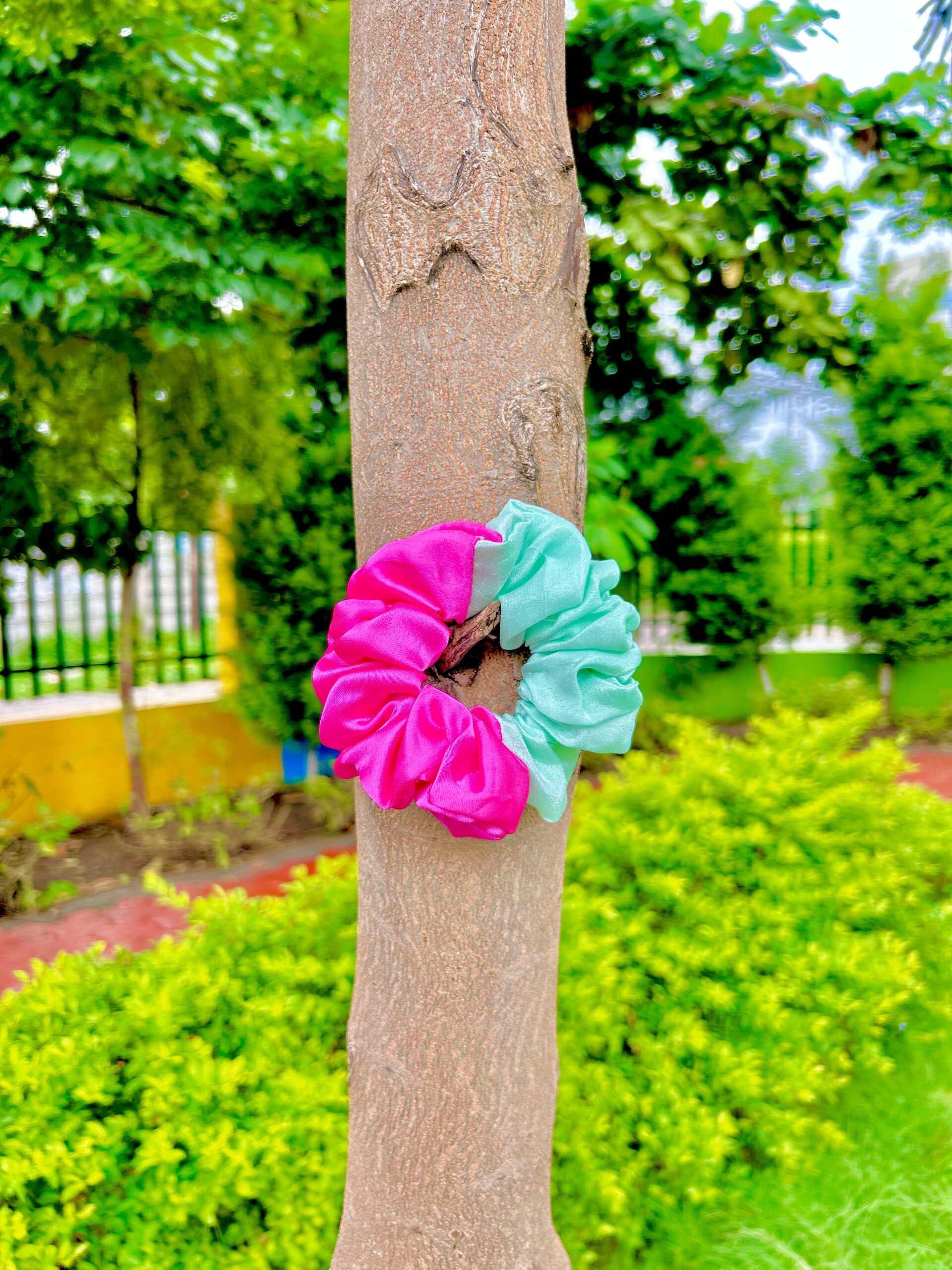 Handmade Pink & Green Mix Colour Scrunchie, Hair Ties, Rubber Band For Womens And Girls - Image 3