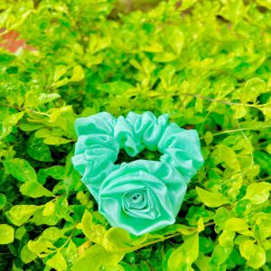 Handmade Turquoise Color Flower Scrunchie, Hair Ties, Rubber Band For Womens And Girls