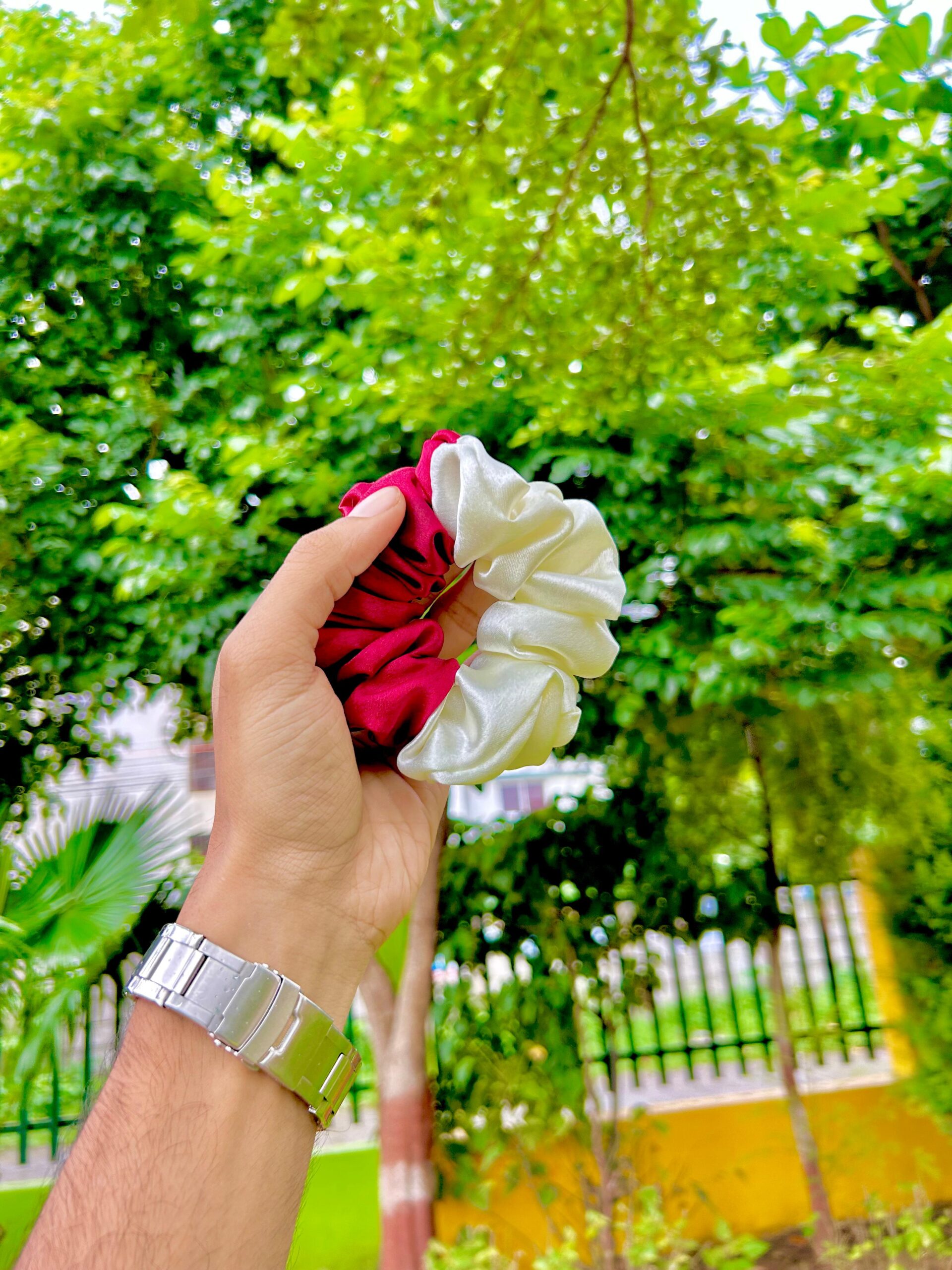 Handmade Red & Cream Mix Colour Scrunchie, Hair Ties, Rubber Band For Womens And Girls - Image 2