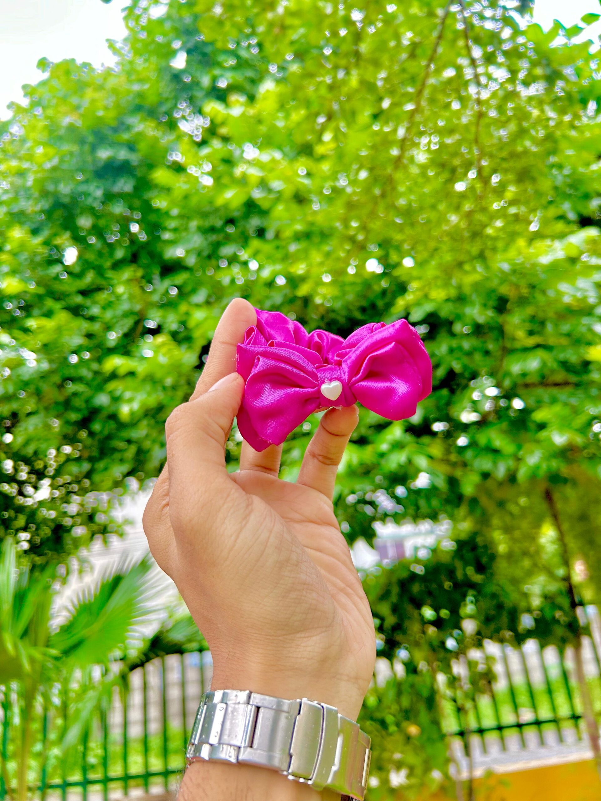 Handmade Pink Colour Bow style Scrunchie, Hair Ties, Rubber Band For Womens And Girls - Image 4