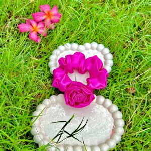 Handmade Pink Flower Satin Colour Scrunchie, Hair Ties, Rubber Band For Womens And Girls