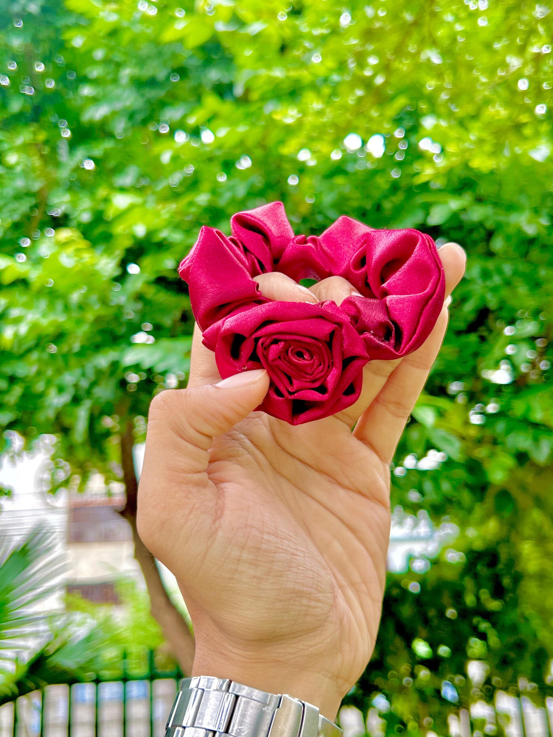 Handmade Red Rose Flower style Satin Fabric Hair Scrunchies , Hair Ties, Rubber Band For Womens And Girls - Image 4