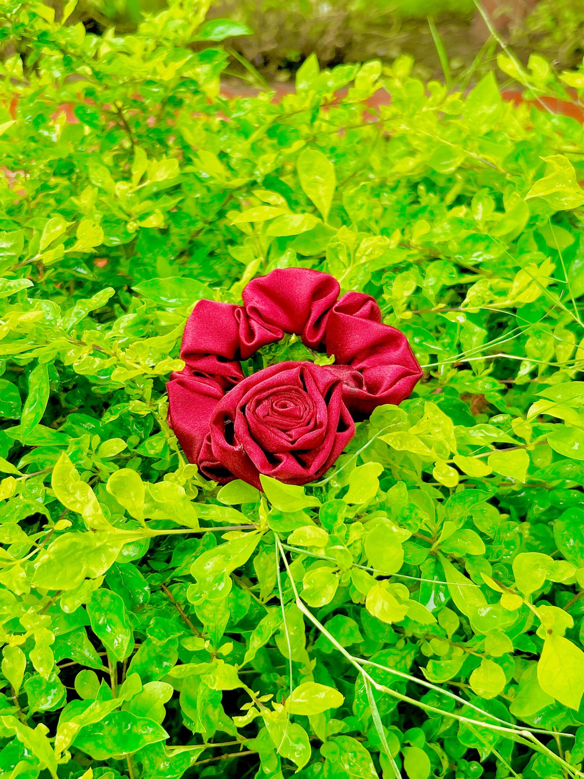Handmade Red Rose Flower style Satin Fabric Hair Scrunchies , Hair Ties, Rubber Band For Womens And Girls - Image 3