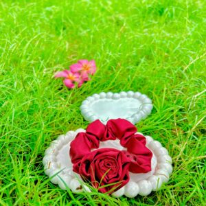 Handmade Red Rose Flower style Satin Fabric Hair Scrunchies , Hair Ties, Rubber Band For Womens And Girls